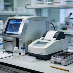 A desk in a lab, with several machines on it