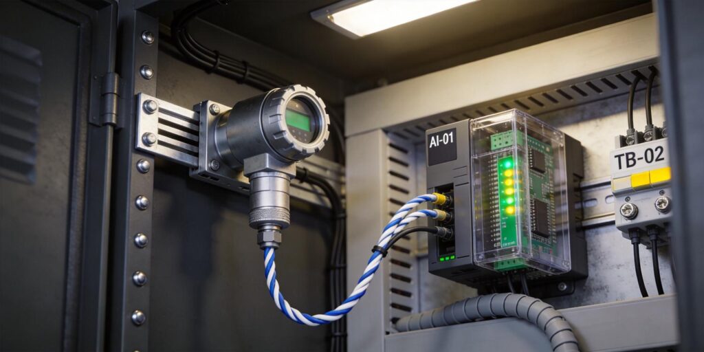 Pirani vacuum transmitter wired to industrial PLC control panel