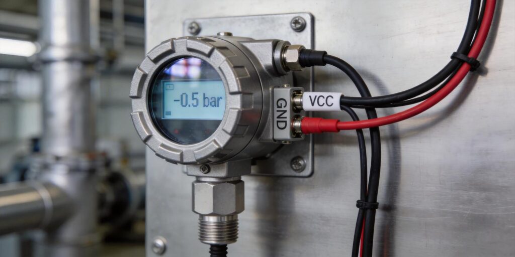 Vacuum transmitter with digital display installed on vacuum pipeline
