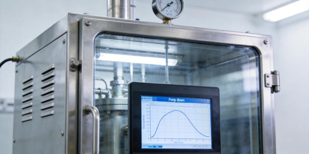 Vacuum chamber with pressure trend graph during pump-down phase
