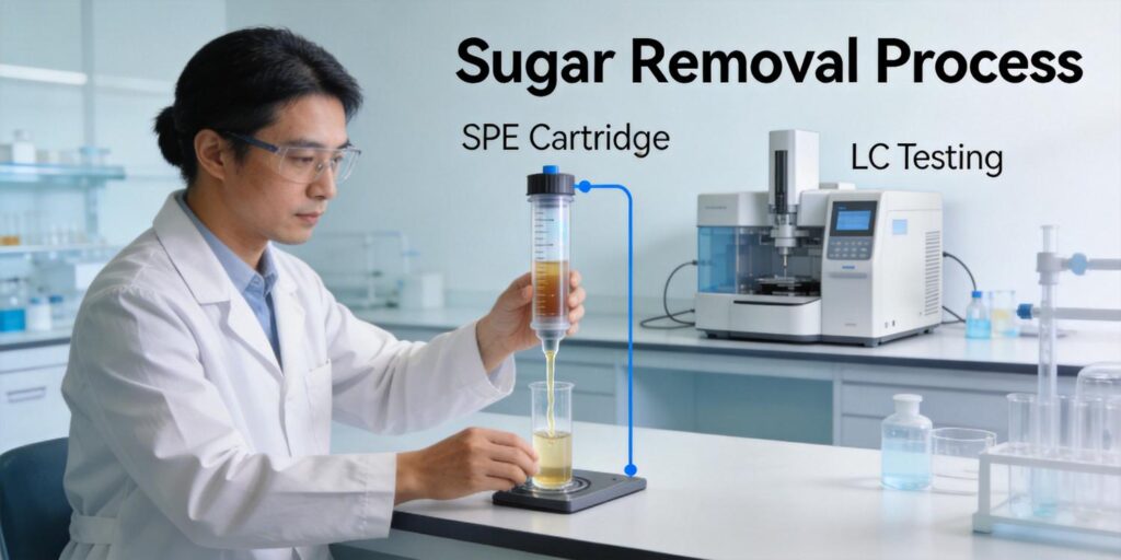 SPE cartridge removing sugar matrix from beverage sample