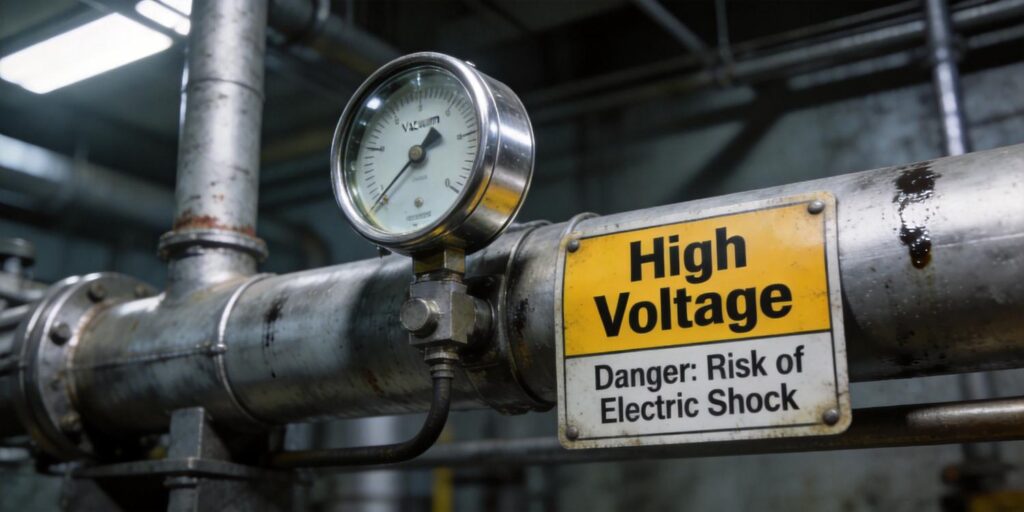 Warning label near high voltage vacuum gauge