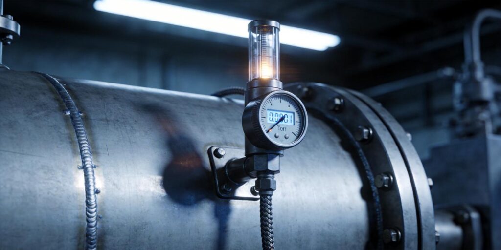 Cold cathode vacuum gauge installed on stainless vacuum chamber