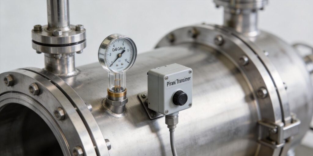 Cold cathode and Pirani vacuum gauges mounted on industrial vacuum chamber