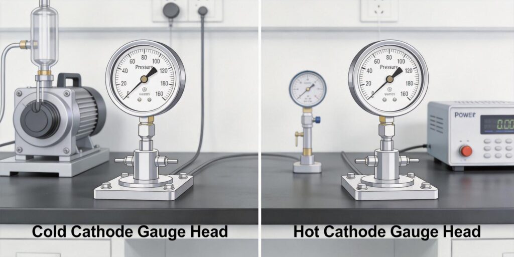 Cold cathode and hot cathode vacuum gauge heads comparison