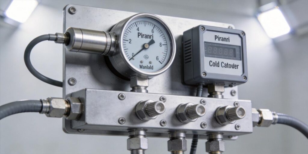 Pirani and cold cathode gauges mounted on shared vacuum manifold