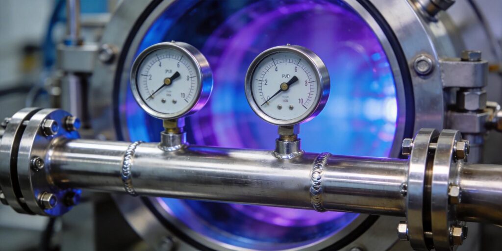 PVD coating chamber monitored by Pirani and cold cathode vacuum gauges