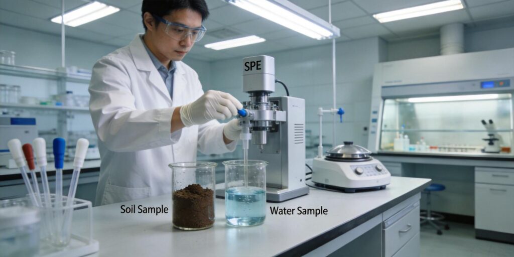 environmental lab technician preparing samples with SPE