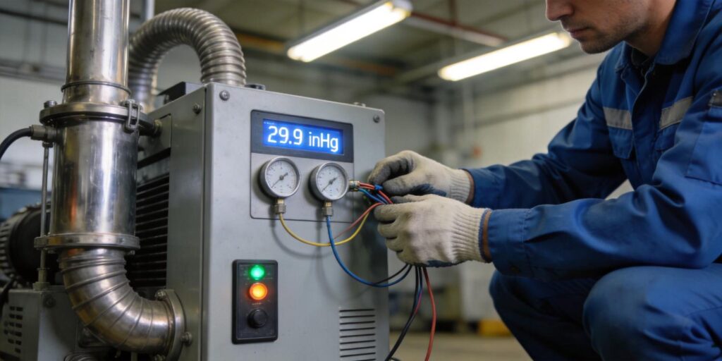 Technician diagnosing vacuum gauge showing unstable pressure
