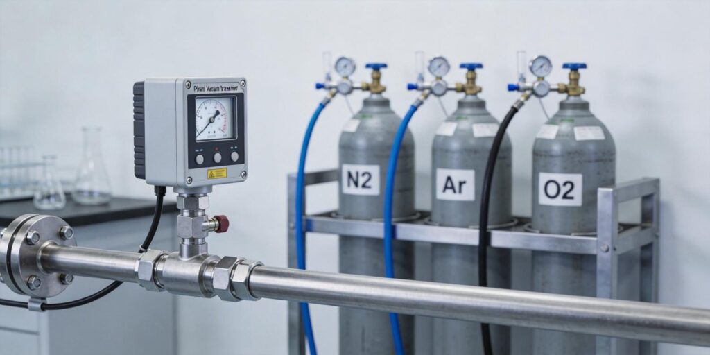 Pirani vacuum transmitter connected to vacuum system with gas supply cylinders