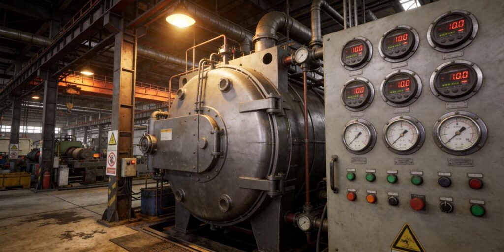 Vacuum gauge mounted on industrial furnace chamber