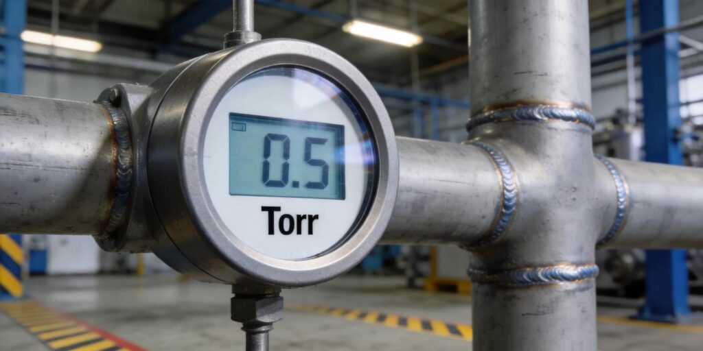 Digital high vacuum gauge display reading near zero