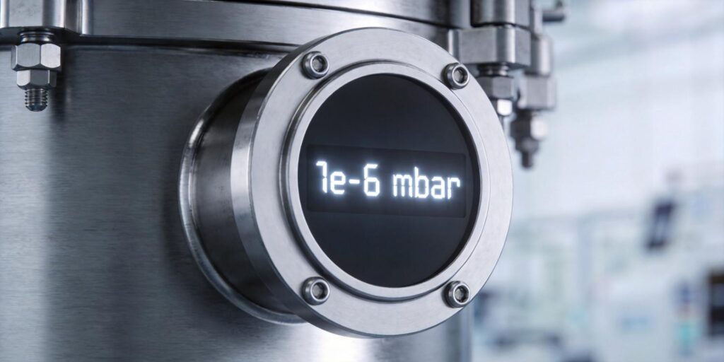 Cold cathode vacuum gauge measuring high vacuum on industrial chamber