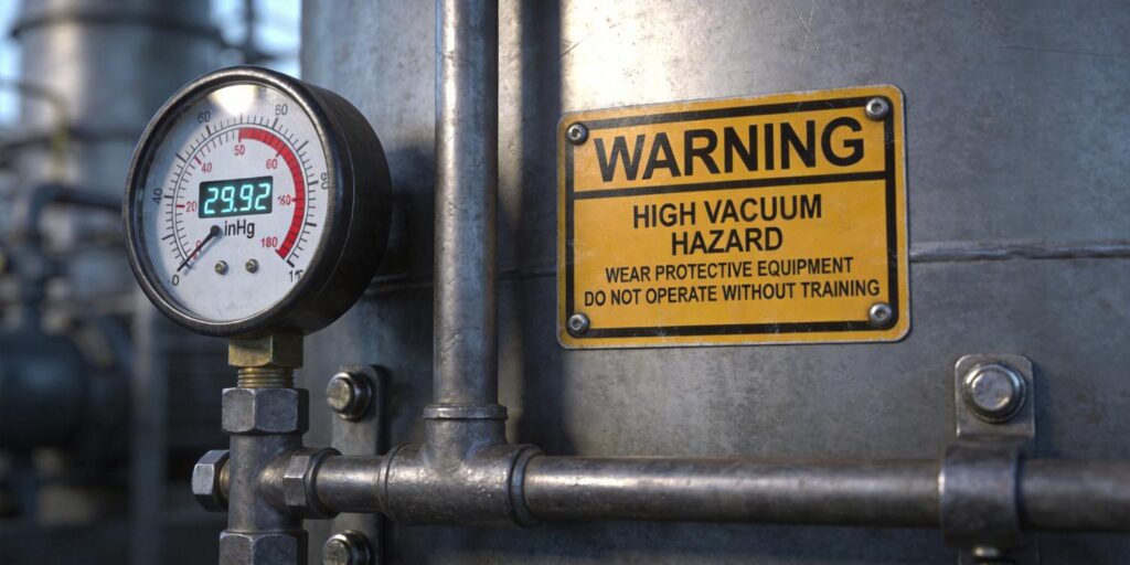Safety label near high voltage vacuum gauge installation
