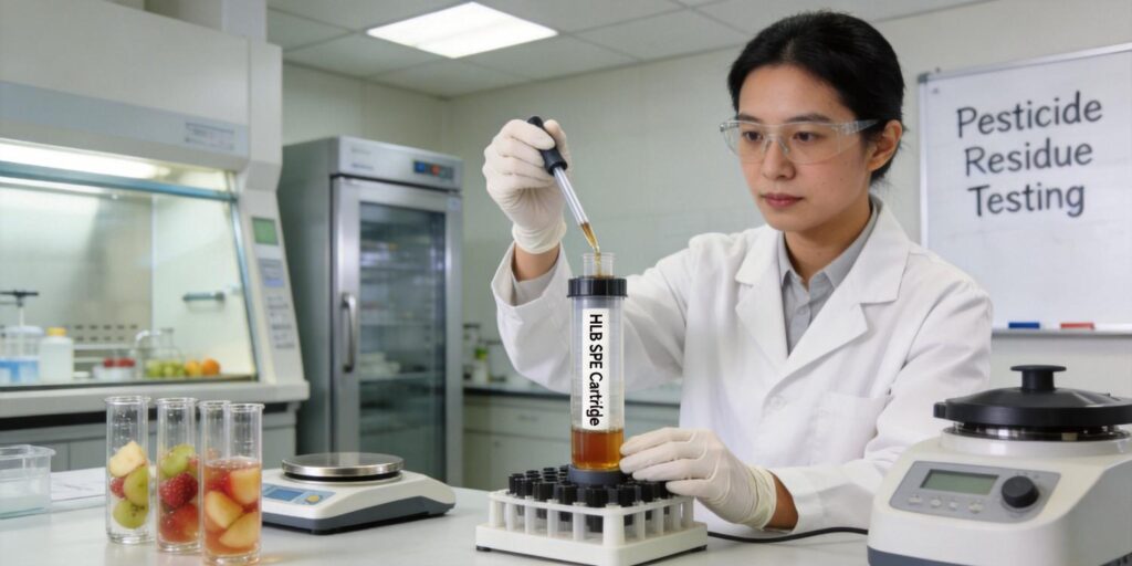 HLB SPE cartridge extracting pesticide residues from fruit extract