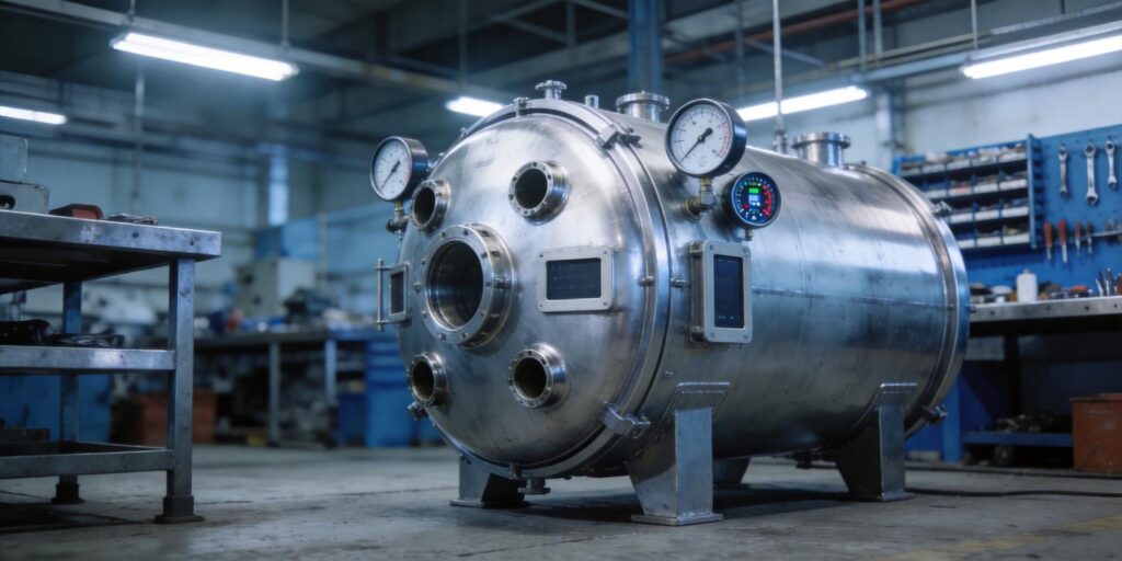 Multiple vacuum gauges mounted on large industrial vacuum chamber