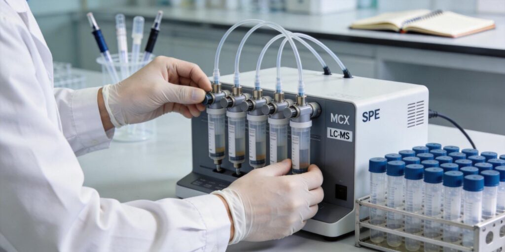 MCX SPE cartridge extracting antidepressant compounds before LC-MS analysis