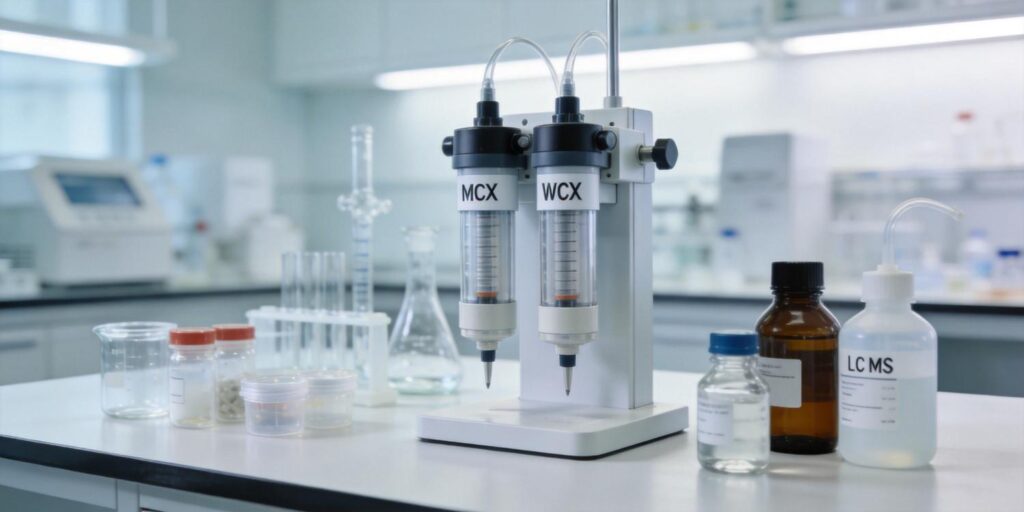 MCX and WCX SPE cartridges used for extracting basic drugs in a laboratory workflow