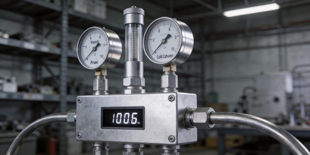 Pirani and cold cathode gauges mounted together on vacuum system