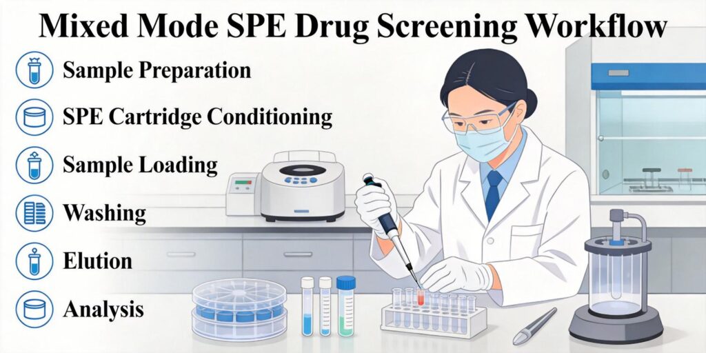 mixed mode SPE cartridges used in clinical toxicology drug screening