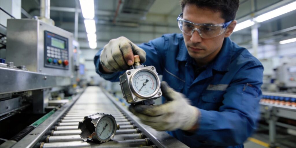 Technician replacing modular vacuum gauge on industrial vacuum system