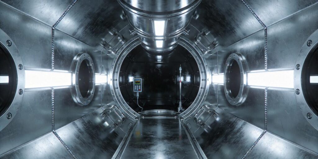 Interior of high vacuum stainless steel chamber
