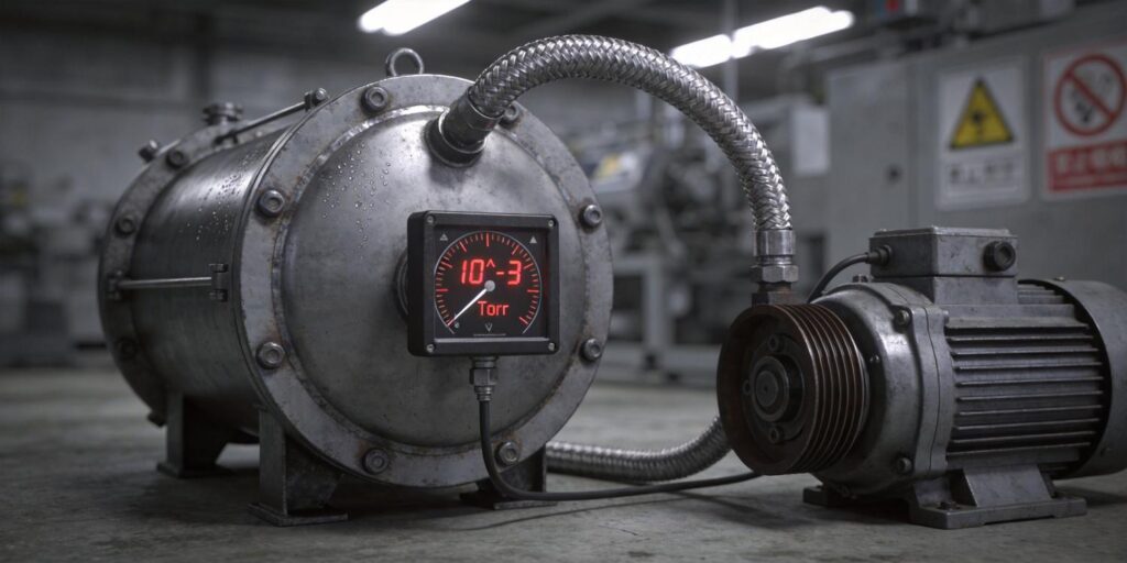 Vacuum chamber during pump-down process with pressure gauge installed