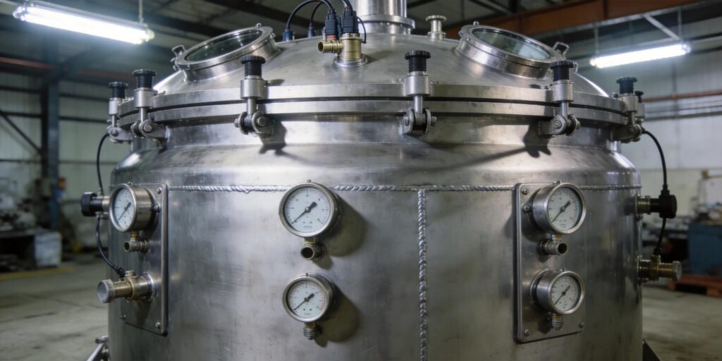 Vacuum gauges installed on a large industrial stainless steel vacuum chamber