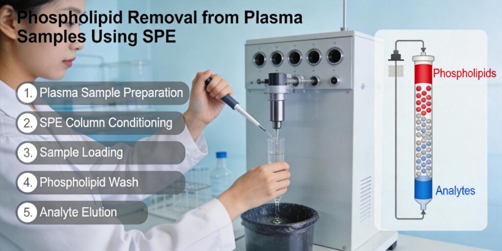 SPE cartridge removing phospholipids from plasma sample
