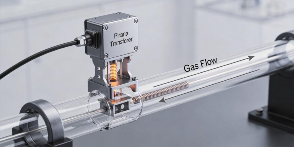 Pirani vacuum transmitter connected to vacuum system with gas lines