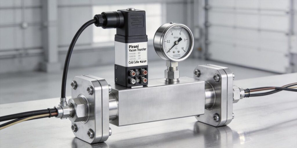 Pirani and cold cathode vacuum gauges installed on vacuum manifold