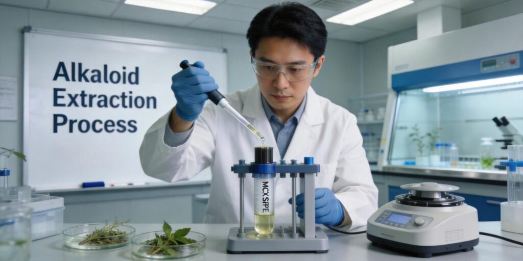 MCX SPE cartridge extracting alkaloids from plant sample