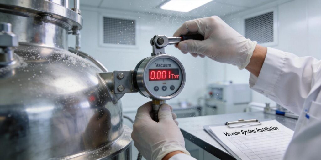 Technician installing vacuum gauge with gloves