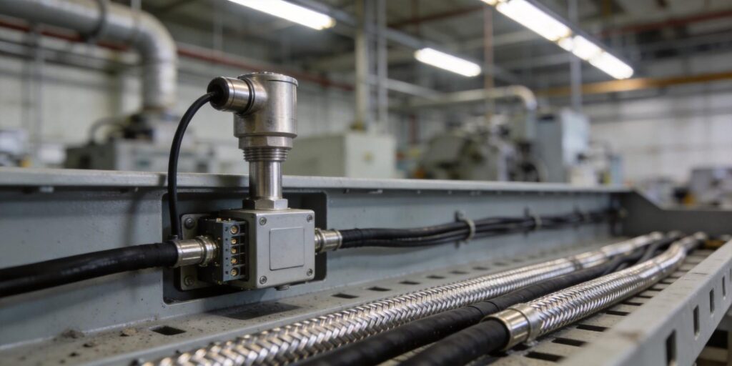 Vacuum transmitter connected with shielded cable in industrial setting
