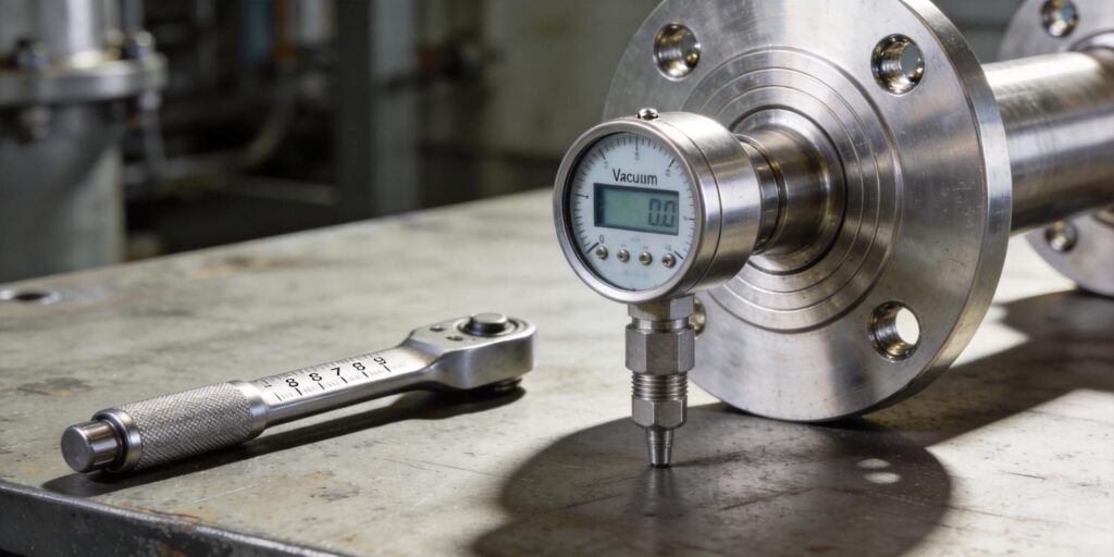 Vacuum gauge mounted on stainless steel flange with proper installation tools