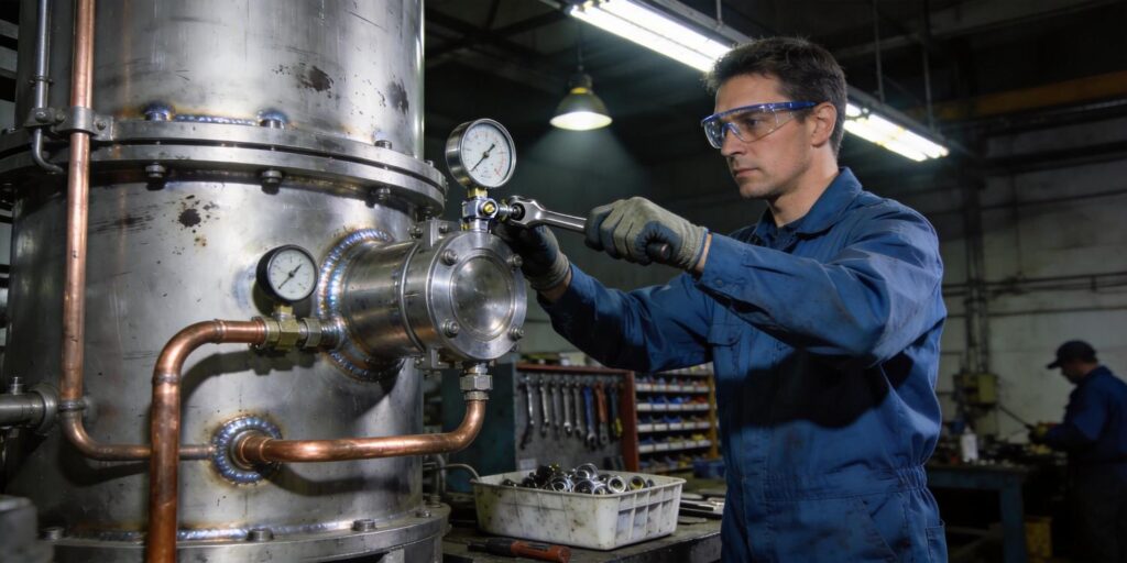 Technician installing compatible cold cathode vacuum gauge on system
