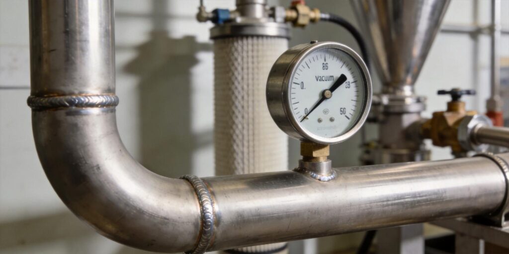 Vacuum gauge correctly mounted on industrial vacuum pipeline