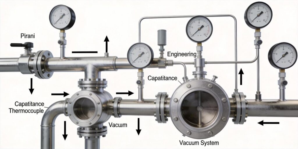 Multiple vacuum gauges installed across industrial vacuum system