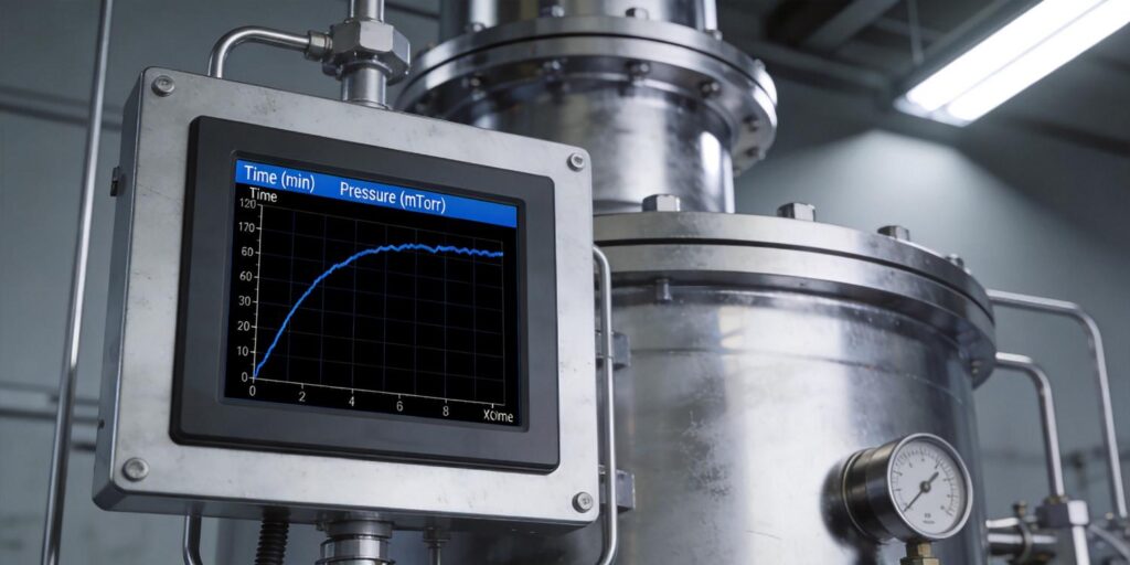 Digital vacuum gauge monitoring industrial pump-down process
