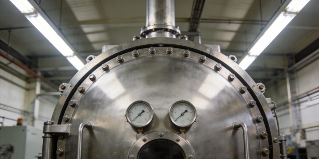 Vacuum gauges installed on a large industrial stainless steel chamber