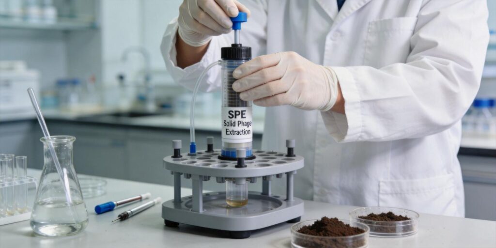 SPE cartridge extracting herbicide residues from soil extract