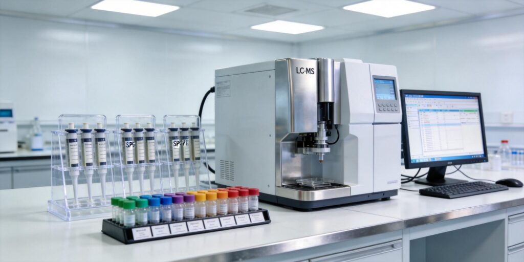 SPE cartridges prepared next to LC-MS system for analytical sample cleanup
