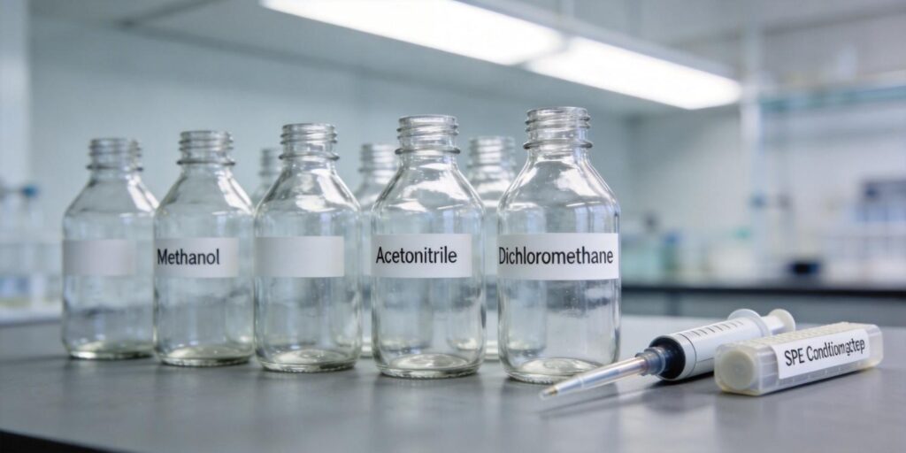 scientist conditioning SPE cartridge with solvent