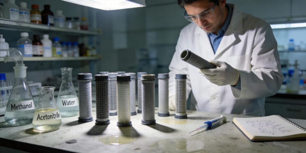 chemist analyzing SPE cartridge recovery issues