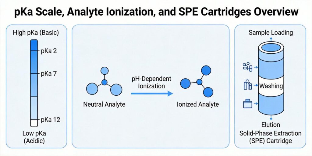 diagram showing analyte ionization and SPE cartridge choice