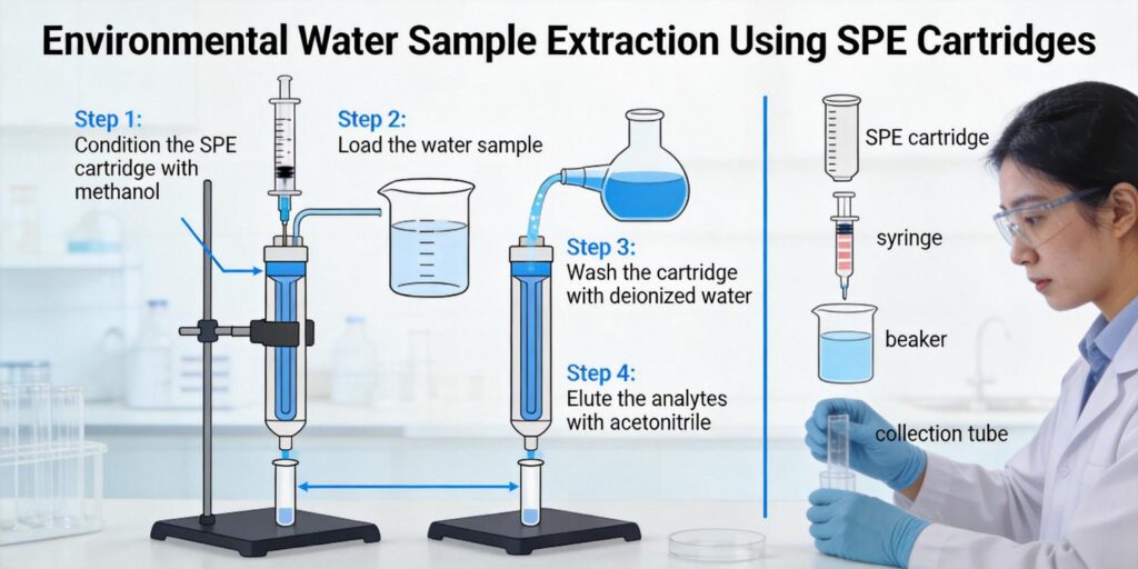 environmental water samples being processed with SPE cartridges