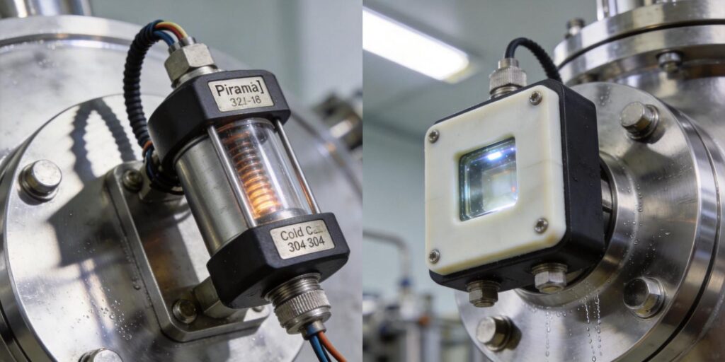 Pirani and cold cathode vacuum gauges mounted on vacuum system