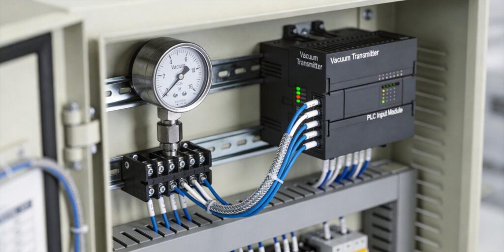 Vacuum transmitter wired to PLC inside industrial cabinet