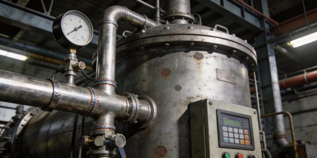 Vacuum gauge mounted on industrial brazing furnace pipeline