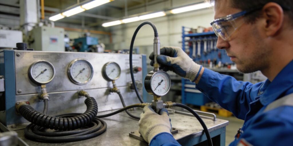 Vacuum gauge being calibrated on laboratory test bench